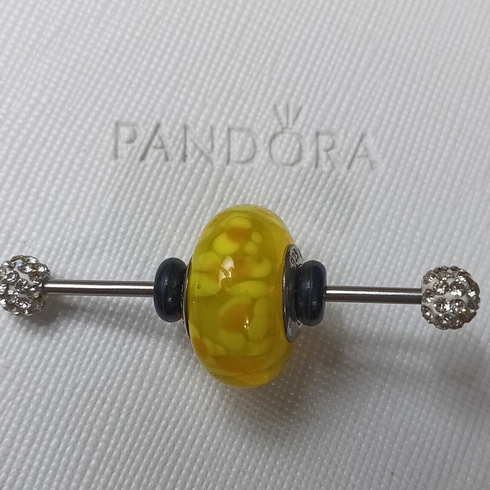 Pandora XL Vintage Silver Yellow Flowers Murano Glass Charm